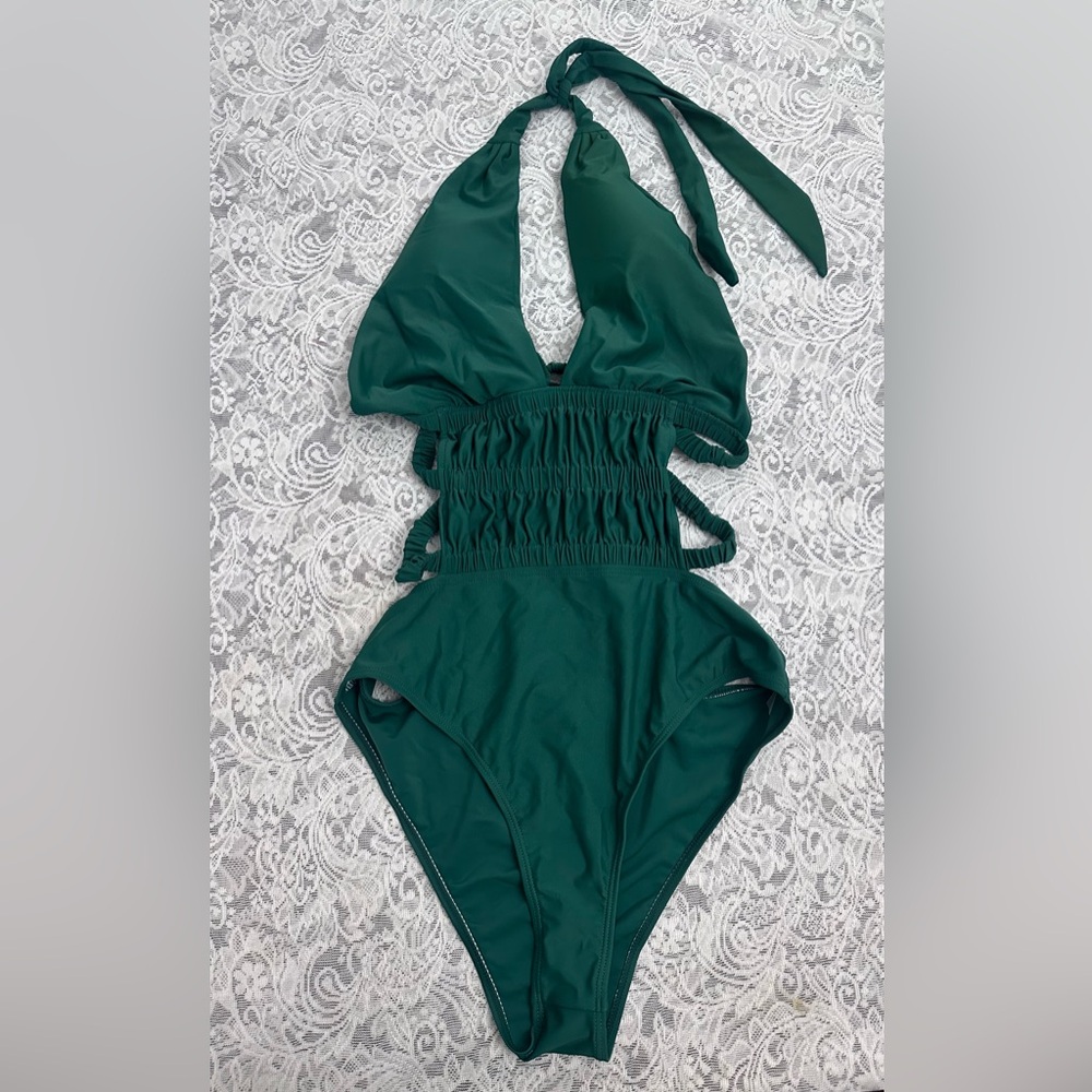 Dark Green Cutout One Piece Swimsuit Smocked Waist Size L